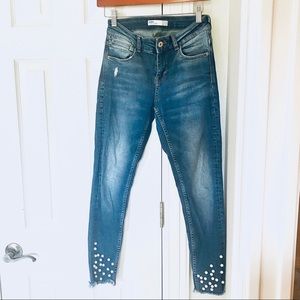 Zara Ankle-Length Jeans with Pearl Embellishments, Size 4